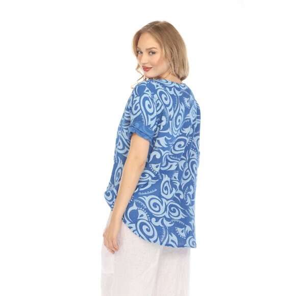 Royal Blue Spiral Print V-Neck Button Detail Top - Picture 4 of 10